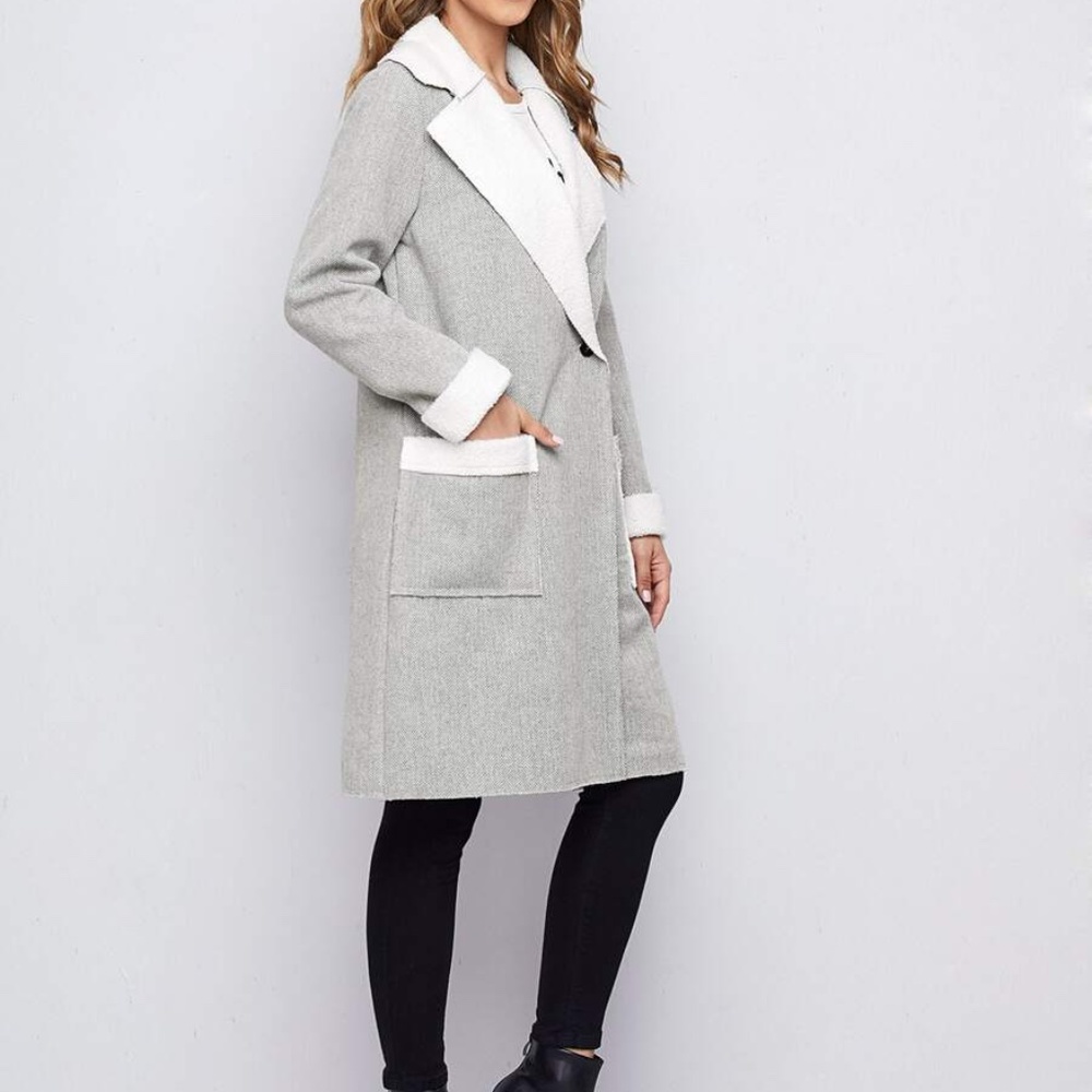 grey shearling lined teddy pocket trench pea coat - Picture 3 of 5